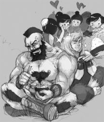 Rule 34 | 2boys, anger vein, angry, beard, capcom, diana jakobsson, eating, facial hair, greyscale, heart, ken masters, male focus, monochrome, multiple boys, rice, topless male, sketch, street fighter, zangief