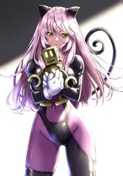 Rule 34 | 1girl, animal ears, bodysuit, breasts, cat ears, cat girl, cat tail, collar, gloves, highres, jing king of bandits, kirsch (jing king of bandits), large breasts, latex, latex bodysuit, navel, pink hair, simple background, tail, thighs, toy, wide hips, yellow eyes