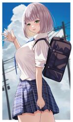 Rule 34 | 1girl, :d, bag, blue necktie, blue skirt, blush, bob cut, braid, braided bangs, breasts, from side, green eyes, grey hair, highres, hololive, large breasts, looking at viewer, medium hair, necktie, official alternate hairstyle, open mouth, outdoors, pleated skirt, school bag, school uniform, shirogane noel, shirogane noel (school uniform), shirt, short sleeves, skirt, smile, solo, uniform, virtual youtuber, wabimochi, waving, white shirt