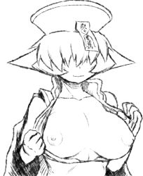 Rule 34 | 1girl, blush stickers, breasts, capcom, chinese clothes, greyscale, hair over eyes, hat, jiangshi, large breasts, lei lei, light smile, monochrome, nipples, ofuda, qingdai guanmao, short hair, solo, tsukudani (coke-buta), undressing, vampire (game)