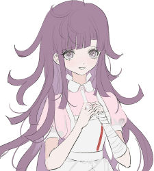 Rule 34 | 1girl, apron, bandages, blouse, collared shirt, danganronpa (series), danganronpa 2: goodbye despair, grey background, hands up, kkonmeo, long hair, looking at viewer, mole, mole under eye, open mouth, own hands together, pink eyes, pink shirt, puffy short sleeves, puffy sleeves, shirt, short sleeves, simple background, smile, solo, tsumiki mikan, upper body