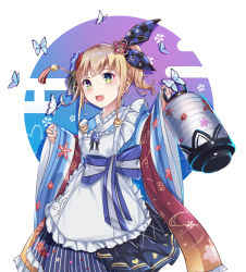 Rule 34 | 1girl, aoman de cangshu, apron, black bow, blonde hair, blue bow, blue butterfly, blue dress, blue eyes, blue flower, blue rose, blunt bangs, blush, bow, bug, butterfly, dress, earrings, fang, floral print, flower, flower earrings, frills, green eyes, hair bow, hair flower, hair ornament, hands up, highres, holding, insect, jewelry, long sleeves, looking at viewer, medium hair, mononobe alice, mononobe alice (new year), nijisanji, open mouth, rose, skin fang, solo, virtual youtuber, white background, wide sleeves