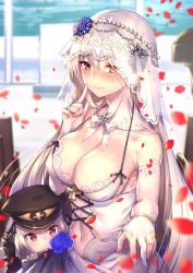 Rule 34 | 2girls, aged down, bare shoulders, blush, breasts, bridal veil, bride, cleavage, commentary request, cross, dress, elbow gloves, finger to mouth, girls&#039; frontline, gloves, hat, highres, index finger raised, iron cross, kar98k (girls&#039; frontline), large breasts, long hair, looking at viewer, multiple girls, navel, peaked cap, petals, pk (girls&#039; frontline), red eyes, shennai misha, silver hair, smile, time paradox, veil, very long hair, wedding dress, white dress, white gloves