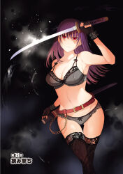 Rule 34 | 1girl, armpits, asakura ryousuke, belt, black background, bra, breasts, cleavage, feet out of frame, female focus, fingerless gloves, gloves, highres, holding, holding sword, holding weapon, large breasts, legs, lingerie, long hair, looking at viewer, mole, mole under eye, navel, original, panties, purple hair, red eyes, serious, sheath, shikizaki shimai wa abakaretai, simple background, solo, standing, steam, sword, thigh gap, thighhighs, thighs, underwear, underwear only, weapon