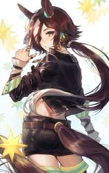 Rule 34 | 1girl, absurdres, animal ears, arm belt, belt, brown hair, cowboy shot, from behind, hair over one eye, hand up, highres, horse ears, horse girl, horse tail, jacket, jewelry, long hair, long sleeves, midriff, multicolored hair, multiple rings, necklace, open clothes, open jacket, pipi, ponytail, ring, shorts, solo, streaked hair, tail, thighhighs, two-tone hair, umamusume, vodka (umamusume), white hair, yellow eyes