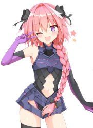 Rule 34 | 1boy, ;d, armor, armored leotard, armpits, astolfo (fate), black bow, black legwear, bow, braid, clothing cutout, cosplay, cowboy shot, elbow gloves, fate/apocrypha, fate (series), faulds, gloves, gorget, hair between eyes, hair bow, hair intakes, hair over shoulder, highres, kamu (geeenius), leotard, long hair, male focus, mash kyrielight, mash kyrielight (cosplay), midriff, navel, navel cutout, one eye closed, open mouth, pink hair, purple eyes, purple gloves, shiny skin, simple background, single braid, skindentation, smile, standing, stomach, thighhighs, trap, very long hair, white background