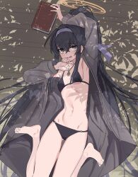 Rule 34 | 1girl, aji aji nori, barefoot, bikini, black bikini, black hair, blue archive, book, breasts, coat, hair between eyes, hair ribbon, hairband, halo, highres, holding, holding book, jewelry, long hair, looking at viewer, lying, necklace, on back, open clothes, open coat, ponytail, purple hairband, purple ribbon, ribbon, small breasts, solo, sweat, swimsuit, ui (blue archive), ui (swimsuit) (blue archive), very long hair