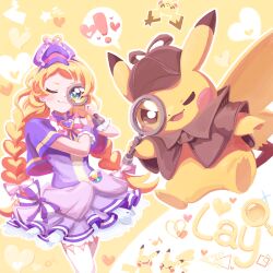 Rule 34 | !, 1girl, bandeau, blue eyes, bow, bowtie, braid, brooch, brown capelet, brown headwear, capelet, closed mouth, commentary request, commission, creatures (company), crossover, cure friendy, detective pikachu, dress, earrings, eighth note, flat cap, frilled cuffs, game freak, gen 1 pokemon, gen 2 pokemon, hair bow, hairband, hat, heart, heart brooch, highres, holding, holding magnifying glass, inukai iroha, jewelry, korean commentary, long hair, looking at viewer, low twin braids, magical girl, magnifying glass, musical note, nintendo, one eye closed, open mouth, petticoat, pichu, pikachu, pink bow, pink bowtie, pokemon, pokemon (creature), precure, purple capelet, purple dress, purple hairband, purple headwear, short dress, smile, solo, spoken exclamation mark, standing, thighhighs, ttrtag, twin braids, very long hair, white thighhighs, wonderful precure!, yellow bandeau