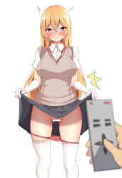 Rule 34 | + +, 1girl, 1other, alternate eye color, bar censor, baretto (karasi07), beige vest, black skirt, blonde hair, blush, breasts, censored, clothes lift, collared shirt, commentary request, controller, embarrassed, gloves, hair between eyes, highres, holding, holding remote control, large breasts, lifting own clothes, long hair, looking at viewer, panties, panty pull, pleated skirt, pussy, pussy juice, red eyes, remote control, remote control vibrator, school uniform, sex toy, shirt, shokuhou misaki, simple background, skindentation, skirt, skirt lift, solo focus, thighhighs, toaru kagaku no railgun, toaru kagaku no railgun s, toaru majutsu no index, tokiwadai school uniform, underwear, very long hair, vibrator, white background, white gloves, white shirt, white thighhighs, wireless sex toy controller
