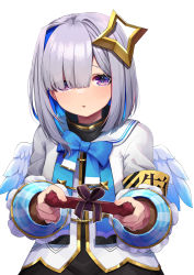 Rule 34 | absurdres, amane kanata, angel wings, armband, blue bow, blue bowtie, blue hair, blush, bow, bowtie, box, colored inner hair, gift, gift box, grey hair, grey jacket, hair over one eye, halo, highres, holding, holding box, hololive, hototogisu (hot to gis), jacket, long sleeves, looking at viewer, medium hair, multicolored hair, parted lips, purple eyes, simple background, star halo, upper body, virtual youtuber, white background, wings