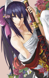 Rule 34 | 1girl, animal ears, bare shoulders, black hair, blazpu, bow, breasts, cat ears, cat girl, cleavage, clothes down, collarbone, dutch angle, female focus, floral print, flower, hair between eyes, hair bow, hair ornament, highres, holding, holding sword, holding weapon, japanese clothes, katana, kimono, lips, long hair, looking at viewer, nail polish, noihara himari, off shoulder, omamori himari, parted lips, ponytail, purple eyes, red nails, rose, sarashi, sidelocks, solo, sword, very long hair, weapon