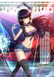 Rule 34 | 1girl, adsouto, arm guards, arms up, artist name, bandeau, black hair, blush, breasts, casual, cleavage, collar, cutoffs, denim, denim shorts, gloves, glowing, glowing eyes, green eyes, grin, hair ornament, highres, medium breasts, melanie malachite, midriff, navel, nightclub, open fly, panties, rwby, shirt, short shorts, shorts, sleeveless, smile, solo, standing, striped clothes, striped panties, thighhighs, tied shirt, underwear