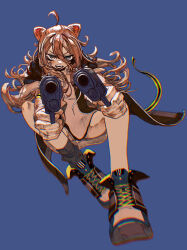 1girl absurdres ahoge aiming aiming_at_viewer animal_ears black_choker black_jacket black_shorts blue_background choker double-parted_bangs dual_wielding fangs foreshortening full_body grey_eyes grey_hair grey_socks gun hair_between_eyes handgun high_tops highres holding holding_gun holding_weapon hololive hood hooded_jacket jacket jumping knees_up limited_palette lion_ears long_hair long_hair_between_eyes looking_at_viewer loose_socks messy_hair official_alternate_costume official_alternate_hairstyle open_mouth shirt shishiro_botan shishiro_botan_(casual) shoes shorts simple_background single_loose_sock single_sock sneakers socks solo sorede_(s0rdneee16) t-shirt torn_clothes torn_shorts very_long_hair virtual_youtuber weapon white_shirt