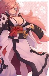 Rule 34 | 1girl, amputee, arc system works, baiken, big hair, black kimono, breasts, cleavage, eyepatch, facial mark, facial tattoo, forehead mark, guilty gear, guilty gear xrd, hand on hilt, highres, ittla, japanese clothes, kataginu, katana, kimono, large breasts, long hair, looking down, multicolored clothes, multicolored kimono, no bra, obi, one-eyed, open clothes, open kimono, pink background, pink hair, ponytail, red eyes, samurai, sash, scar, scar across eye, scar on face, sheath, sheathed, solo, standing, sword, tattoo, very long hair, weapon, white kimono