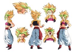 Rule 34 | 1girl, abs, absurdres, alternate universe, anger vein, angry, baggy pants, black footwear, black vest, black wristband, blonde hair, character sheet, dis (dissketch), dragon ball, dragon ball super, earrings, expressionless, film grain, green eyes, green hair, grin, highres, jewelry, kefla (dragon ball), metamoran vest, multicolored hair, multiple views, muscular, muscular female, pants, pink tube top, red sash, retro artstyle, sash, shoes, shouting, simple background, smile, strapless, super saiyan, tube top, veins, vest, white background, white pants, wristband