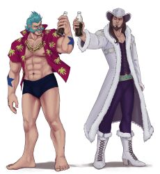 Rule 34 | 2boys, abs, absurdres, analligator, bara, bare pectorals, beard, black male underwear, boxers, bulge, chain necklace, cola, cosplay, couple, facial hair, franky (one piece), franky (one piece) (cosplay), full beard, graves (league of legends), grin, hairy, hawaiian shirt, highres, jewelry, large hands, large pectorals, league of legends, long hair, looking to the side, male focus, male underwear, mature male, multiple boys, muscular, muscular male, mutton chops, navel, navel hair, necklace, nico robin, nico robin (cosplay), nipples, no pants, one piece, pectorals, shirt, short hair, short sleeves, smile, sparse arm hair, sparse chest hair, sparse leg hair, sparse navel hair, standing, stomach, thick beard, thick eyebrows, thick mustache, toasting (gesture), twisted fate, underwear, white background, yaoi