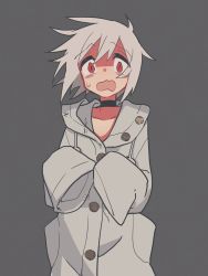 Rule 34 | 1girl, choker, coat, female focus, grey background, highres, looking at viewer, nervous, ootorii bisetsu, open mouth, original, oversized clothes, red eyes, short hair, simple background, solo, sweatdrop, wavy mouth, white coat, white hair