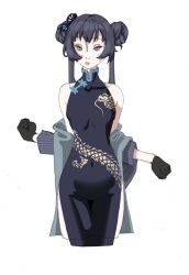 Rule 34 | 1girl, black dress, black gloves, black hair, blue archive, breasts, china, china dress, chinese clothes, dress, gloves, grey eyes, hair bun, hair ornament, highres, kisaki (blue archive), long hair, looking at viewer, non-web source, simple background, small breasts, solo, twintails, white background, zel paradoxe