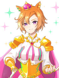 Rule 34 | 1girl, animal ears, breasts, closed mouth, corset, crown, ear piercing, hand on own hip, horse ears, jewelry, juliet sleeves, long sleeves, looking at viewer, mini crown, multiple rings, orange hair, piercing, puffy sleeves, purple eyes, riko (ri cotta c), ring, shirt, short hair, simple background, small breasts, smile, solo, sparkle, t.m. opera o (umamusume), umamusume, upper body, white background, white shirt