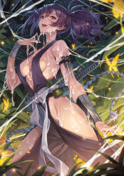Rule 34 | 1girl, ahoge, bandaged wrist, bandages, bare shoulders, breasts, bug, butterfly, cleavage, forest, hagure keg, hair between eyes, high ponytail, highres, hip vent, insect, japanese clothes, jigokuraku, kunai, large breasts, leaf, light, looking at viewer, nature, ninja, open mouth, outdoors, ponytail, purple eyes, purple hair, sash, sidelocks, smile, solo, standing, suggestive fluid, tabi, thighs, tongue, tongue out, weapon, yellow butterfly, yuzuriha (jigokuraku)