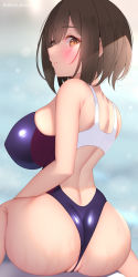 Rule 34 | 1girl, akira shiun, artist name, ass, back cutout, blue one-piece swimsuit, blush, breasts, brown eyes, brown hair, closed mouth, clothing cutout, highres, large breasts, looking at viewer, looking back, one-piece swimsuit, original, short hair, sitting, solo, swimsuit, thong swimsuit, wet
