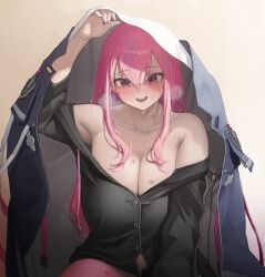 Rule 34 | 1girl, azur lane, black jacket, blush, breasts, bremerton (azur lane), bremerton (relaxation consultation) (azur lane), cleavage, collarbone, commentary request, dokutsumamuru, heavy breathing, hickey, highres, huge breasts, jacket, long hair, long sleeves, looking at viewer, open mouth, pink eyes, pink hair, smile, solo, teeth