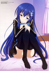 Rule 34 | 10s, 1girl, absurdres, ange vierge, black skirt, black thighhighs, blazer, blue bow, blue bowtie, blue eyes, blue hair, blush, bow, bowtie, closed mouth, convenient censoring, convenient leg, curtains, feet, frilled pillow, frills, full body, hair between eyes, hair ornament, hairclip, hand on own knee, head tilt, highres, indoors, jacket, knees together feet apart, knees up, light smile, long hair, long sleeves, looking away, looking down, looking to the side, magazine scan, matching hair/eyes, megami magazine, miniskirt, no shoes, non-web source, official art, on bed, pillow, scan, school uniform, sidelocks, sitting, skirt, smile, solo, sougetsu saya, star (symbol), star hair ornament, tamura masafumi, thighhighs, very long hair