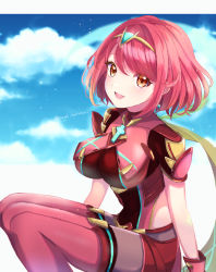 Rule 34 | 1girl, backless outfit, black gloves, bob cut, breasts, chest jewel, dangle earrings, earrings, fingerless gloves, gem, gloves, headpiece, highres, jewelry, large breasts, pantyhose under shorts, norimaki (nrmk norinori), pantyhose, pyra (xenoblade), red eyes, red hair, red shorts, short hair, short shorts, short sleeves, shorts, solo, swept bangs, thighhighs, thighhighs over pantyhose, tiara, xenoblade chronicles (series), xenoblade chronicles 2