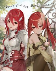 Rule 34 | 2girls, armor, armored boots, armored dress, bare shoulders, belt, boots, breastplate, brown belt, brown gloves, commission, cordelia (fire emblem), day, detached sleeves, dress, english text, fingerless gloves, fire emblem, fire emblem awakening, gauntlets, gloves, hair between eyes, hair ornament, hand on own arm, happy, haru (nakajou-28), long hair, looking at another, mother and daughter, multiple girls, nintendo, pauldrons, red dress, red eyes, red hair, severa (fire emblem), shoulder armor, sitting, thighs, twintails