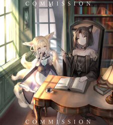Rule 34 | 2girls, animal ear fluff, animal ears, apron, arknights, bare shoulders, black dress, black hair, blonde hair, blue hairband, book, bookshelf, braid, braided hair rings, brown eyes, chair, commentary request, commission, day, desk, desk lamp, dress, english text, fox ears, fox girl, fox tail, frilled skirt, frills, hair between eyes, hair ornament, hair rings, hairband, hemorina, highres, holding, holding pen, indoors, inkwell, kitsune, lamp, long hair, mandragora (arknights), multiple girls, nib pen (object), off-shoulder dress, off shoulder, on chair, open book, open mouth, pantyhose, parted bangs, pen, purple skirt, shirt, skeb commission, skirt, sunlight, suzuran (arknights), tail, twin braids, waist apron, watermark, white apron, white pantyhose, white shirt, window