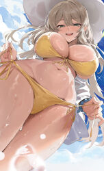 Rule 34 | 1girl, absurdres, bare legs, bikini, blue archive, blush, breasts, cowboy shot, day, front-tie bikini top, front-tie top, green eyes, groin, hat, highres, jacket, large breasts, lemoneko, light brown hair, long hair, long sleeves, looking at viewer, navel, nonomi (blue archive), nonomi (swimsuit) (blue archive), official alternate costume, open clothes, open jacket, open mouth, outdoors, side-tie bikini bottom, smile, solo, swimsuit, water, white hat, white jacket, yellow bikini