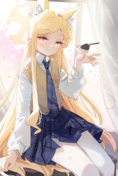 Rule 34 | 1girl, animal, animal ear fluff, animal ears, bird, bird on hand, black necktie, black skirt, blonde hair, blue archive, blush, closed mouth, collared shirt, extra ears, feet out of frame, fox ears, halo, highres, indoors, long hair, long sleeves, looking at viewer, necktie, pantyhose, pleated skirt, seia (blue archive), shadowsinking, shirt, sitting, skirt, smile, solo, vest, white pantyhose, white shirt, window, yellow eyes, yellow halo, yellow vest