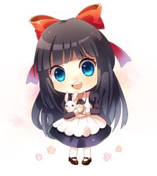 Rule 34 | 1girl, aya drevis, black hair, blood, blue eyes, bow, rabbit, chibi, hair bow, long hair, mad father, mao guo, open mouth, pantyhose, smile, snowball (mad father), solo