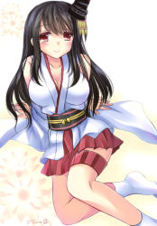 Rule 34 | 10s, bare shoulders, black hair, breasts, cleavage, eyebrows, fusou (kancolle), hair ornament, japanese clothes, kantai collection, large breasts, long hair, long sleeves, looking at viewer, miniskirt, nontraditional miko, pleated skirt, red eyes, red skirt, skirt, solo, tamagawa yukimaru, white legwear