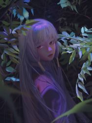 Rule 34 | 1girl, blood, blood on clothes, blunt bangs, blurry, branch, depth of field, from side, grey hair, hair tubes, highres, japanese clothes, kimono, long hair, long sleeves, looking at viewer, looking to the side, nature, night, outdoors, parted lips, plant, raging loop, red eyes, red lips, sidelocks, solo, straight hair, tongue, tongue out, uematsu rikako, upper body, very long hair, yitong