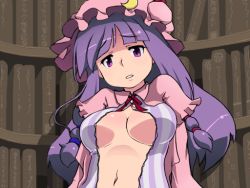 Rule 34 | 1girl, blueberry (5959), book, breasts, cleavage, crescent, female focus, hat, long hair, navel, open clothes, patchouli knowledge, purple eyes, purple hair, solo, touhou