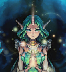 Rule 34 | 1girl, alternate costume, bracelet, breasts, dryad soraka, green eyes, green hair, green lips, own hands clasped, horns, jewelry, league of legends, lipstick, long hair, lots of jewelry, makeup, matching hair/eyes, own hands together, pointy ears, single horn, smile, solo, soraka (league of legends), tattoo, very long hair