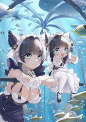 Rule 34 | 2girls, :3, :d, absurdres, against glass, aquarium tunnel, arm support, azur lane, bell, black footwear, black hair, blunt bangs, breasts, cheshire (azur lane), cleavage, commentary, crossed arms, fish, green eyes, highres, knees together feet apart, large breasts, leaning forward, little cheshire (azur lane), long sleeves, looking away, maid headdress, mary janes, mother and daughter, multicolored hair, multiple girls, name connection, open mouth, shigatsu (4gate), shoes, short hair, sidelocks, sitting on fence, size difference, smile, streaked hair, surgeonfish, symbol-only commentary, thighhighs, two-tone hair, whale, white legwear