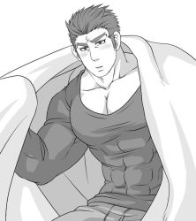 Rule 34 | 1boy, aizen (housamo), bara, blush, covered abs, cowboy shot, greyscale, large pectorals, long sideburns, looking at viewer, male focus, monochrome, muscular, muscular male, pectoral cleavage, pectorals, shirt, short hair, sideburns, solo, sunfight0201, thick eyebrows, tight clothes, tight shirt, tokyo houkago summoners, under covers