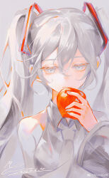 Rule 34 | 1girl, absurdres, apple, breasts, chinese commentary, closed mouth, collared shirt, commentary request, dated, detached sleeves, food, frown, fruit, grey nails, grey necktie, grey sleeves, hair ornament, hatsune miku, highres, holding, holding food, holding fruit, long hair, long sleeves, looking at food, medium breasts, mie haha, nail polish, necktie, shirt, signature, simple background, sleeveless, sleeveless shirt, solo, straight-on, twintails, upper body, vocaloid, weibo watermark, white background, white eyes, white hair, white shirt, white theme, wide sleeves