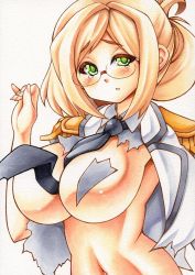Rule 34 | 10s, 1girl, between breasts, blonde hair, blush, breasts, breasts out, colored pencil (medium), convenient censoring, curvy, glasses, green eyes, kantai collection, katori (kancolle), large breasts, looking at viewer, marker (medium), millipen (medium), navel, necktie, necktie between breasts, no bra, shirt, simple background, slit pupils, solo, tears, torn clothes, torn shirt, traditional media, upper body, white background, yutakasan-love