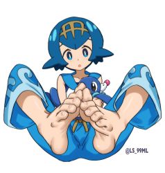 Rule 34 | 1girl, :o, barefoot, blue eyes, blue hair, creatures (company), feet, female focus, foot focus, game freak, hair ornament, lana (pokemon), looking at viewer, nintendo, pokemon, pokemon (anime), pokemon sm (anime), short hair, soles, solo, spread legs, tongue, tongue out, tsukimaru (ls 99ml), white background