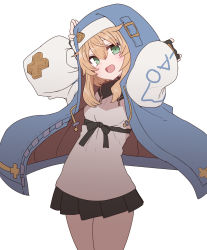 Rule 34 | 1boy, arms up, black gloves, black skirt, blue jacket, blush, bridget (guilty gear), fingerless gloves, gloves, green eyes, guilty gear, guilty gear strive, highres, hood, hood up, hooded jacket, jacket, long sleeves, looking at viewer, male focus, open mouth, pleated skirt, shirt, simple background, skirt, solo, sumiyao (amam), trap, white background