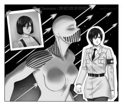 Rule 34 | alternate universe, annlu vazzel, armband, artist name, belt, breasts, commentary, commission, dated, english commentary, greyscale, hair between eyes, highres, jacket, medium breasts, mikasa ackerman, military, military uniform, monochrome, necktie, photo (object), serious, shingeki no kyojin, short hair, titan (shingeki no kyojin), uniform, war hammer titan, watermark