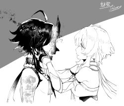 Rule 34 | 1boy, 1girl, ahoge, arm tattoo, bead necklace, beads, breasts, commentary request, feather hair ornament, feathers, genshin impact, greyscale, hair ornament, hands on another&#039;s cheeks, hands on another&#039;s face, hetero, highres, jewelry, long hair, looking at another, lumine (genshin impact), mask, medium breasts, medium hair, monochrome, necklace, short hair, short hair with long locks, sidelocks, signature, sirataki gu, smile, tattoo, xiao (genshin impact)