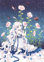 Rule 34 | 1girl, art brush, barefoot, blue eyes, bug, butterfly, dress, face, feet, flower, hair flower, hair ornament, insect, kneeling, lace, lace-trimmed dress, lace trim, ladybug, light smile, long hair, looking at viewer, original, paintbrush, pixiv, pixiv-tan, sitting, sky, sleeveless, sleeveless dress, solo, star (sky), star (symbol), starry sky, tearfish, very long hair, wariza, wavy hair