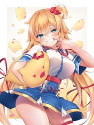 Rule 34 | 1girl, absurdres, akai haato, akai haato (1st costume), blonde hair, blue eyes, blue skirt, blush, breasts, cowboy shot, female focus, finger in own mouth, grin, haaton (akai haato), hair ornament, hair ribbon, heart, heart hair ornament, highres, hololive, large breasts, long hair, looking at viewer, makinan, mouth pull, neck ribbon, one side up, panties, panty peek, red ribbon, ribbon, shirt, short sleeves, simple background, skirt, smile, solo, standing, stuffed animal, stuffed toy, thigh strap, underwear, very long hair, virtual youtuber, white shirt