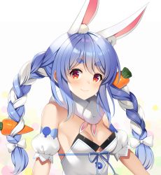 Rule 34 | 1girl, animal ears, annno ans, bare shoulders, blue hair, bow, bowtie, braid, breasts, carrot hair ornament, cleavage, closed eyes, closed mouth, commentary request, food-themed hair ornament, fur collar, gradient background, hair ornament, highres, hololive, long hair, looking at viewer, medium breasts, multicolored hair, orange eyes, polka dot, polka dot background, puffy short sleeves, puffy sleeves, rabbit-shaped pupils, rabbit ears, short sleeves, sidelocks, simple background, smile, solo, strapless, symbol-shaped pupils, twin braids, twintails, two-tone hair, upper body, usada pekora, usada pekora (1st costume), virtual youtuber, white background, white hair