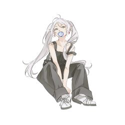 Rule 34 | 1girl, black overalls, black pants, chinese commentary, commentary, er (user yhzm5478), flower, flower in mouth, flower over mouth, frieren, full body, green eyes, highres, long hair, overalls, pants, pointy ears, shoes, simple background, sitting, solo, sousou no frieren, twintails, white background, white footwear, white hair