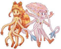 Rule 34 | 2girls, 4n, barefoot, blush, child, extra eyes, flat chest, happy, looking at viewer, monster girl, multi arm, multiple girls, octopus, open mouth, outstretched arms, simple background, smile, spread arms, squid, tentacles